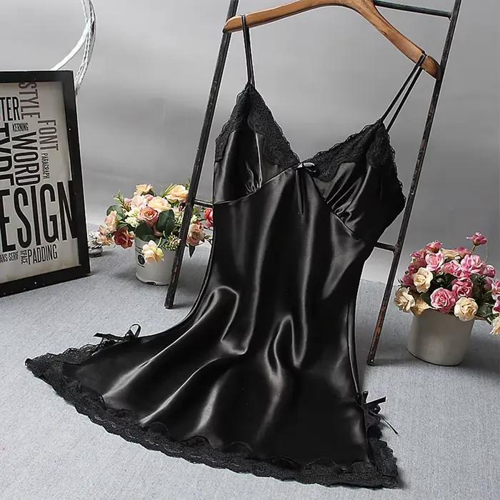 Offre spéciale femmes Sexy Satin chemise de nuit dentelle vêtements de nuit pour Lingerie vêtements de nuit dames Mini Robe courte Robe de nuit