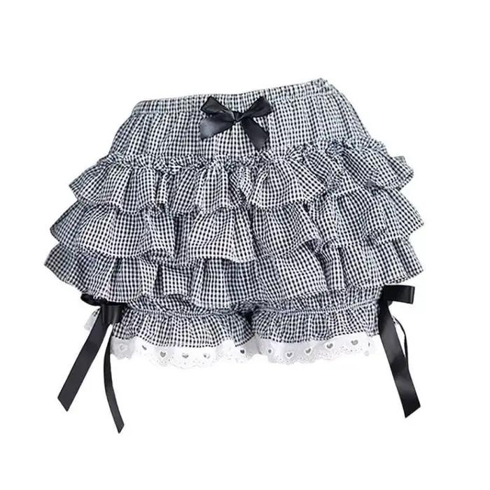 Culottes plissées noires et blanches pour femme, culottes mignonnes style citrouille, short de sécurité lolita à nœud, pantalon vintage, bloomers victoriens