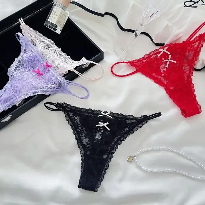 Culotte string transparente en dentelle pour femme, style doux, ajourée, sans couture, en maille fine avec nœud en dentelle, pour usage quotidien