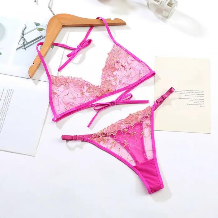 Français Sexy Dentelle Sous-Vêtements Érotiques Tenue Maille Brodée 2 Pièces Ensemble De Lingerie Pour Femmes Col Suspendu Soutien-Gorge Et Tongs tру zesіночі