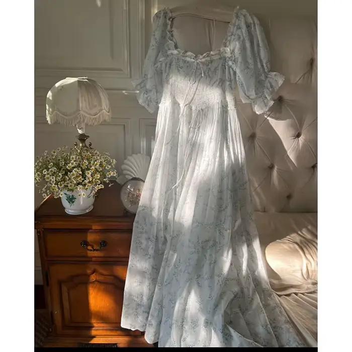Chemise de nuit d'été à manches courtes, imprimé doux, col carré français, princesse Victoria, 100% coton, nuisette féerique fine