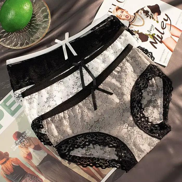 Lingerie transparente à fleurs pour femmes, culotte taille moyenne en maille et dentelle, slip, sous-vêtements coréens