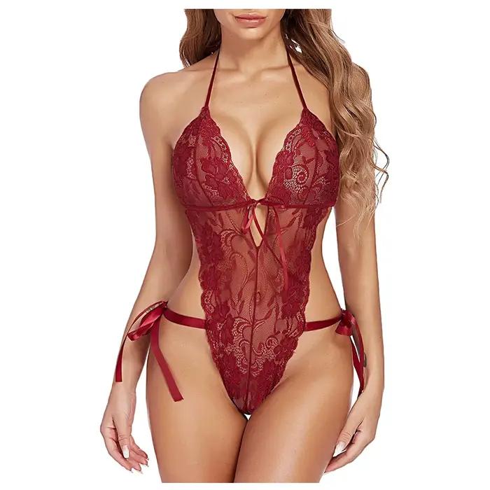 Body Sexy en dentelle pour femmes, Lingerie pour dos nu, couleur unie, une pièce, à bretelles, col licou, Costume érotique, teddy