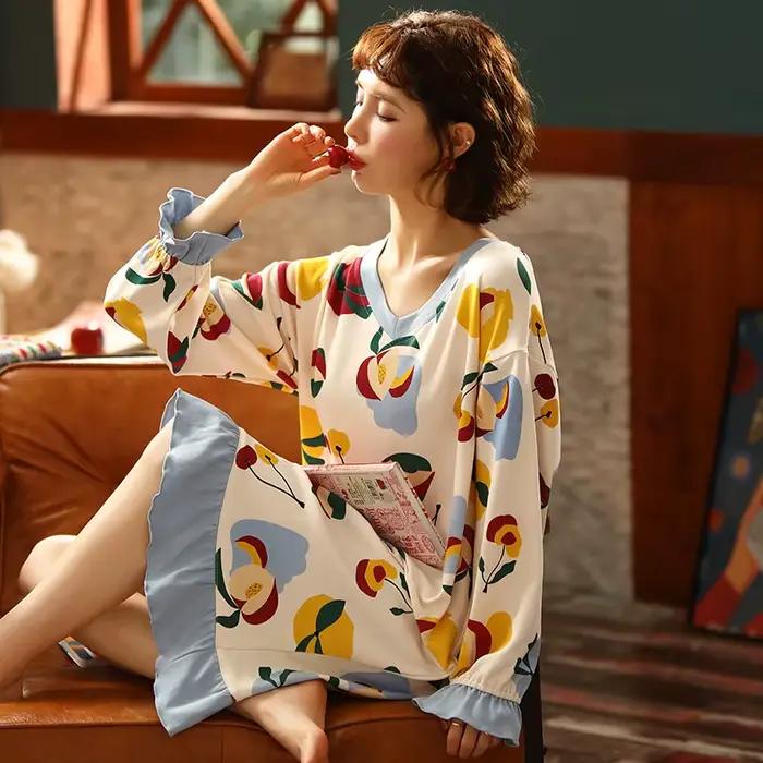 Mignon coréen filles chemises de nuit femmes à manches longues robe de nuit coton robe de nuit femme pyjamas vêtements de nuit femmes Homedress M-3XL