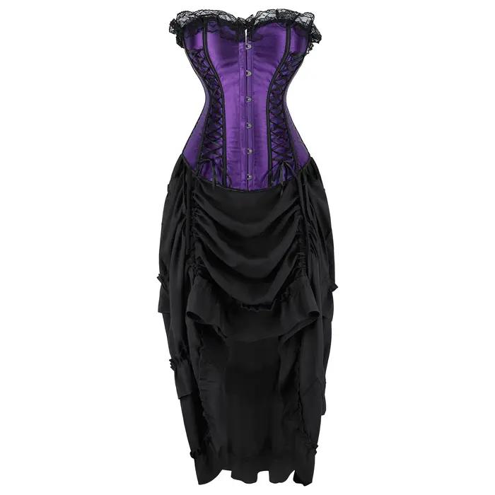 Robe Corset Gothique Sexy en Satin avec Lacets, Corset Steampunk avec Robe, Cosplay Club Violet