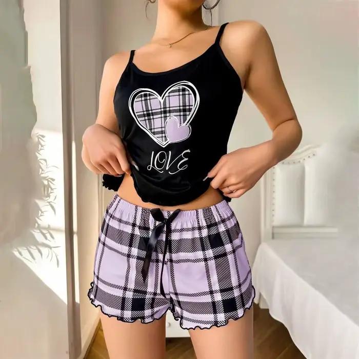 Ensemble de pyjama pour femme Fashion Love Heart, vêtements de maison, nœud papillon, deux pièces, vêtements de nuit, été, confortable, camisole et short, pyjama pour fille