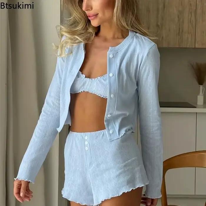 Printemps mode femmes vêtements de nuit costume col rond nuisette à manches longues pyjamas débardeurs pyjamas shorts dames vêtements de nuit 3 pièces ensemble