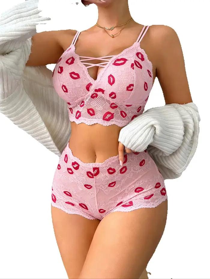 Ensemble de lingerie sexy pour femme avec imprimé lèvres, soutien-gorge camisole en dentelle ajourée sans doublure à bonnets fins sans armatures et culotte transparente