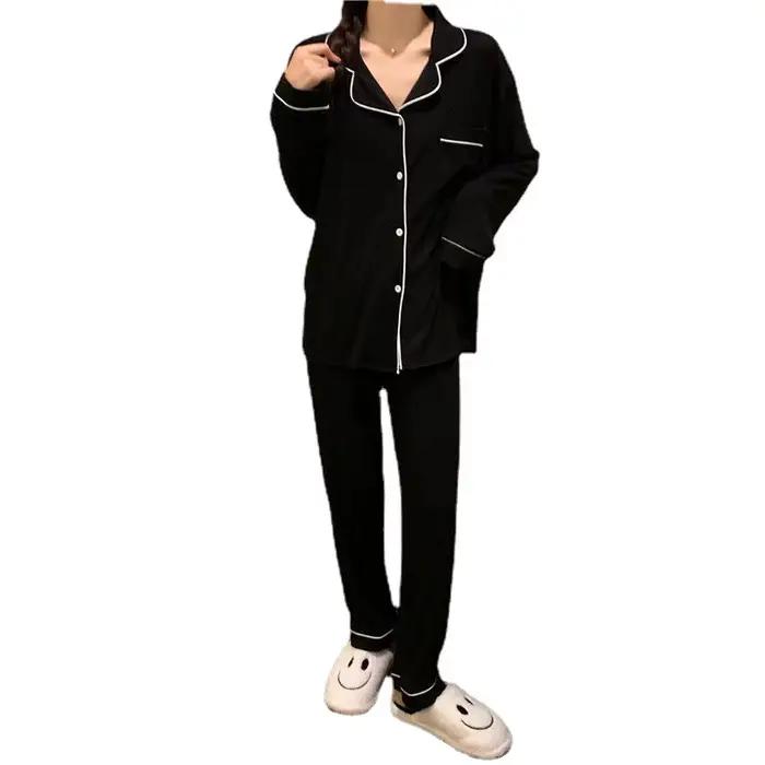 Ensemble de pyjama noir à manches longues pour femmes, dentelle, mignon, doux, confortable, pantalon, version coréenne, automne, hiver