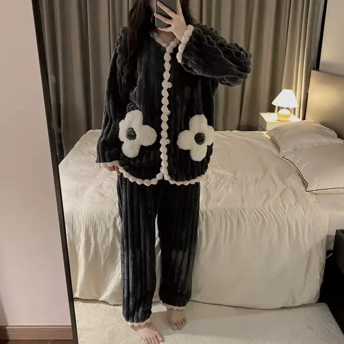 Jielur – pyjama d'hiver en flanelle pour femmes, couleur unie, vêtements chauds, épais, ensemble cardigan, vêtements de nuit, nouvelle collection