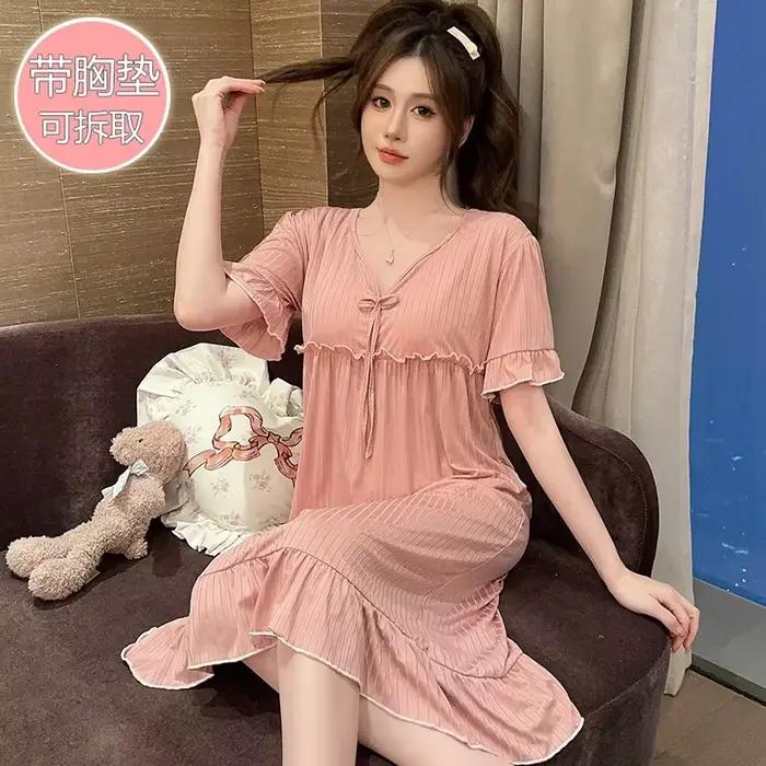 Chemise de nuit sexy en dentelle à manches courtes pour femmes, vêtements de nuit mignons, chemise de nuit à col en V, chemise de nuit en coton, chemise de nuit pour la maison, grande taille, été chau