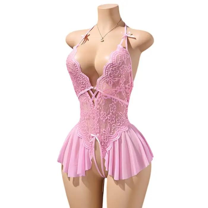 Lingerie Ultra Sexy audacieuse pour femmes, soutien-gorge à col en v, body rose, accessoires sans entrejambe, sous-vêtements sensuels, robe moulante romantique