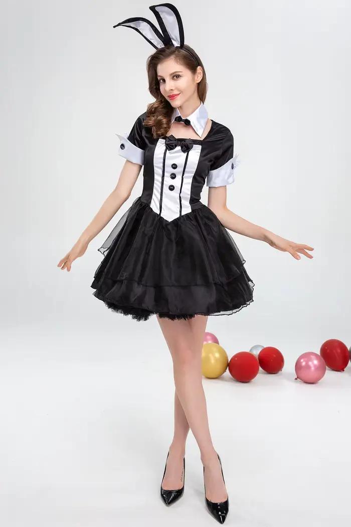 Costume de cosplay de lapine noire et blanche pour femme 2026 – Tenue de performance pour soirée, boîte de nuit, spectacle sur scène – Vente en gros de costumes à thème