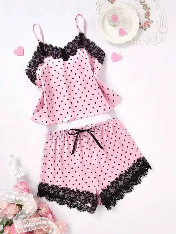 2 pièces pyjama costume femmes mode col en v Stretch Satin dentelle Sexy Lingerie nœud papillon pyjamas ensemble short et haut rose et point rond vêtements de nuit