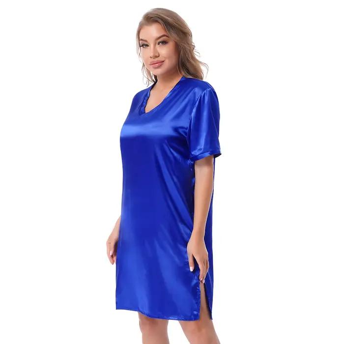 Femmes adultes pyjamas chemise de nuit vêtements de nuit col en V Satin chemise de nuit chemise Robes à manches courtes vêtements de détente côtés fendus vêtements de nuit