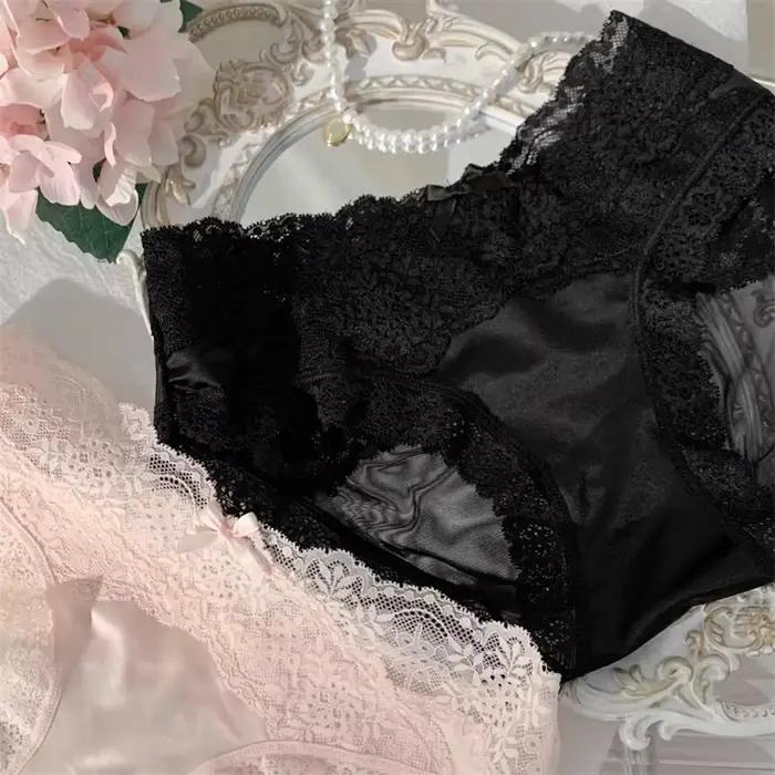 Nouvelle Arrivée Lingerie Féminine : Culottes en Satin Couleur Unie Taille Basse avec Nœud et Dentelle, Design Sexy de Luxe Français pour Filles