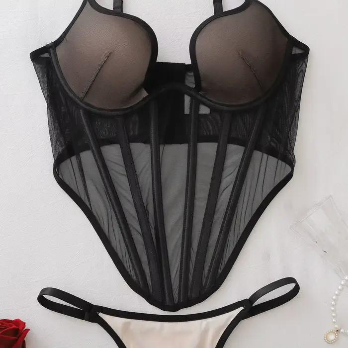 Ellolace Ensemble de Lingerie Séduisante pour Femme, Soutien-gorge Corset Push-Up Sexy et String, 2 Pièces, Style Rétro Palais, en Maille Transparente, Effet Sculptant, Couleurs Contrastées