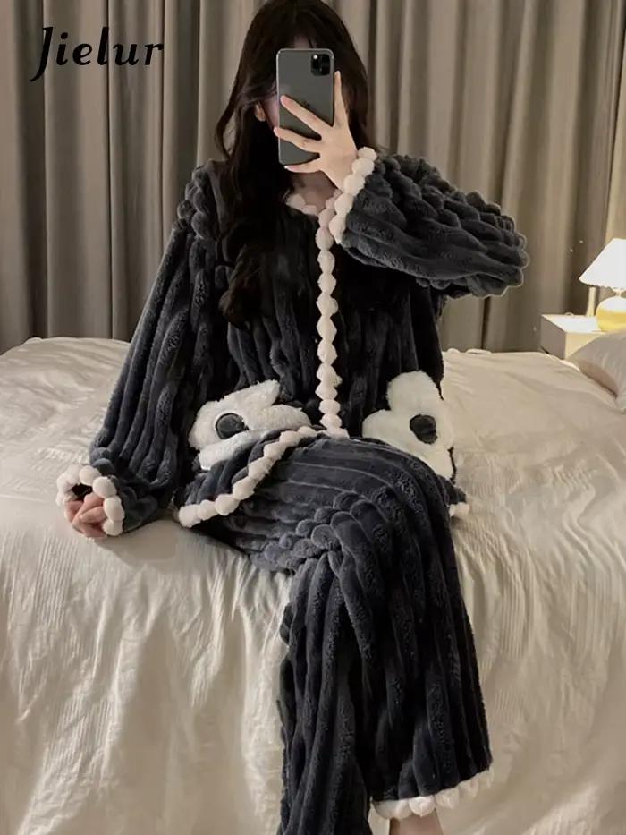 Jielur – pyjama d'hiver en flanelle pour femmes, couleur unie, vêtements chauds, épais, ensemble cardigan, vêtements de nuit, nouvelle collection