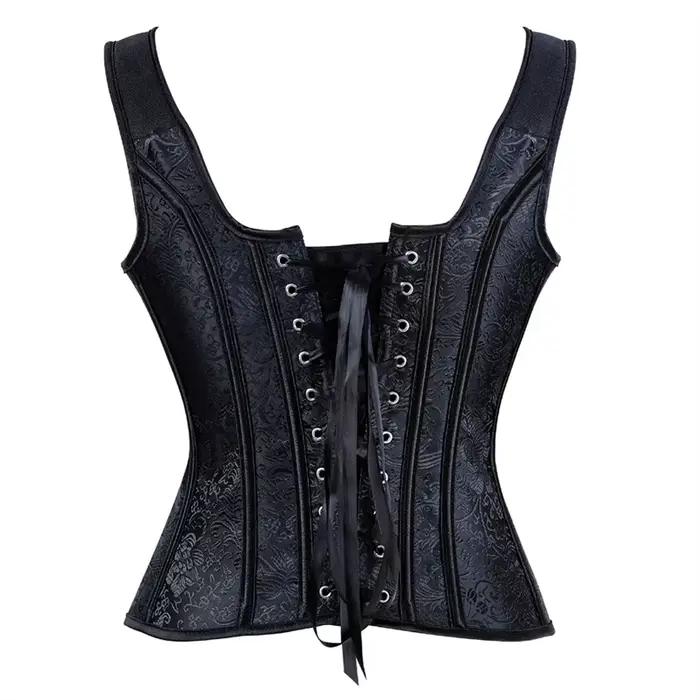 Corset avec Bretelles pour Femme, Noir, Overbust, Floral, Jacquard, Fermeture Éclair, Top, Gothique, Steampunk, Bustier, Grande Taille
