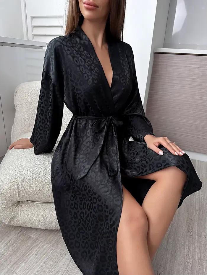 Robe de nuit imprimée léopard, manches longues, col en V, avec ceinture, vêtements de nuit pour femmes