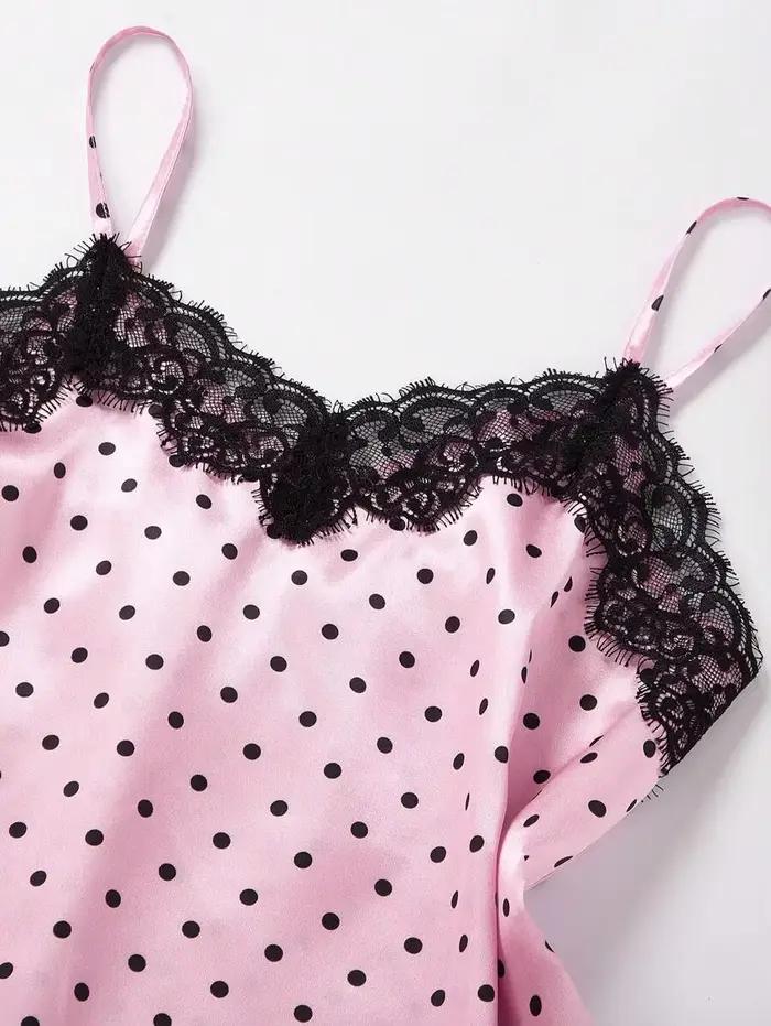 2 pièces pyjama costume femmes mode col en v Stretch Satin dentelle Sexy Lingerie nœud papillon pyjamas ensemble short et haut rose et point rond vêtements de nuit