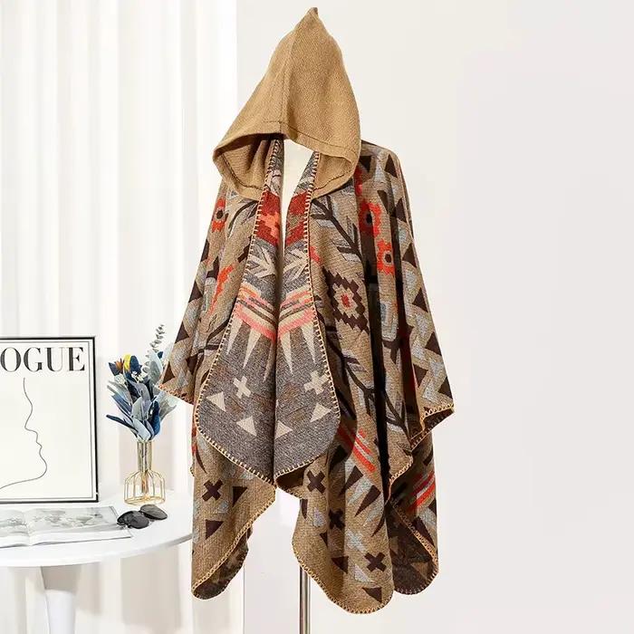 Poncho Hommes Imitation Cachemire Nouveau Manteau de Tourisme Homme à Capuche Écharpe Chaleur Grande Taille Imprimé Vêtements d'extérieur Automne Hiver Capes Châles