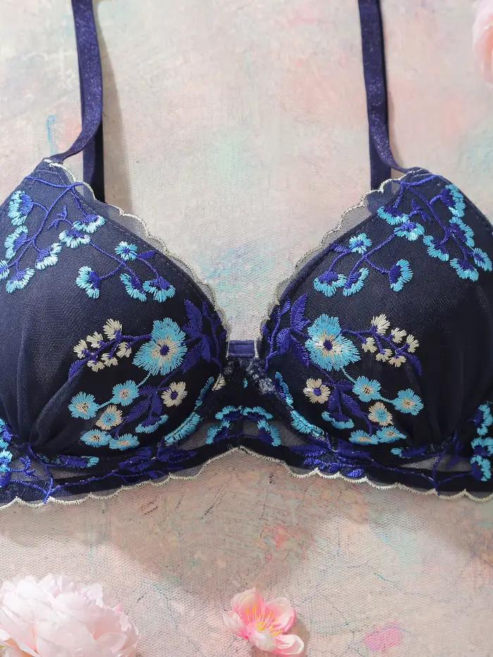Soutien-gorge brodé floral pour femme, délicat, bleu marine, en dentelle et résille, à armatures, pour usage quotidien