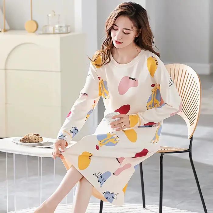 Mignon coréen filles chemises de nuit femmes à manches longues robe de nuit coton robe de nuit femme pyjamas vêtements de nuit femmes Homedress M-3XL