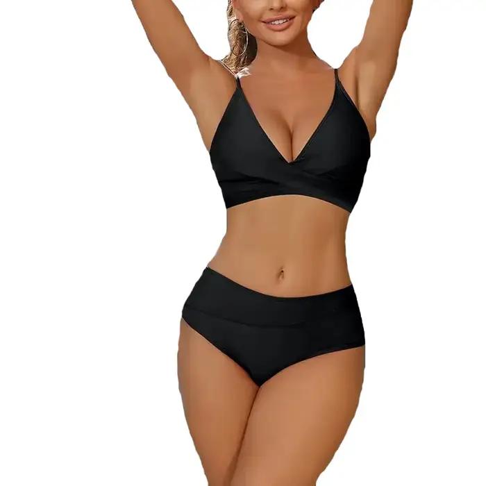 Maillot de bain deux pièces pour femmes, contrôle du ventre, col en V, torsadé sur le devant