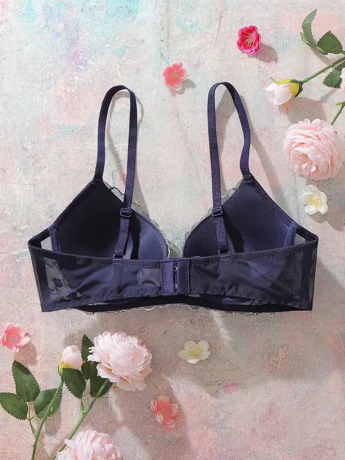 Soutien-gorge brodé floral pour femme, délicat, bleu marine, en dentelle et résille, à armatures, pour usage quotidien