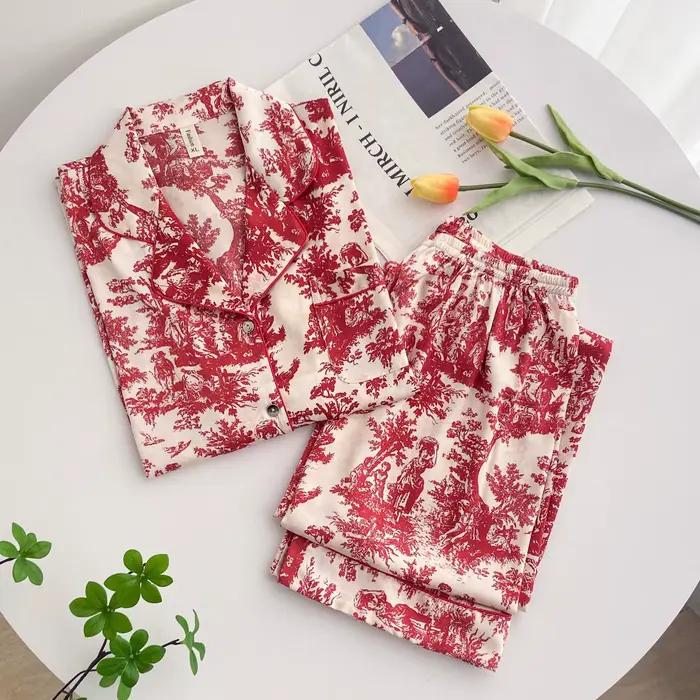 Ensemble pyjama en soie glacée et neige imprimé à l'encre pour femmes, vêtements de nuit simples à petit revers, manches longues, pour la maison, printemps et automne