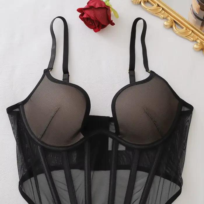 Ellolace Ensemble de Lingerie Séduisante pour Femme, Soutien-gorge Corset Push-Up Sexy et String, 2 Pièces, Style Rétro Palais, en Maille Transparente, Effet Sculptant, Couleurs Contrastées