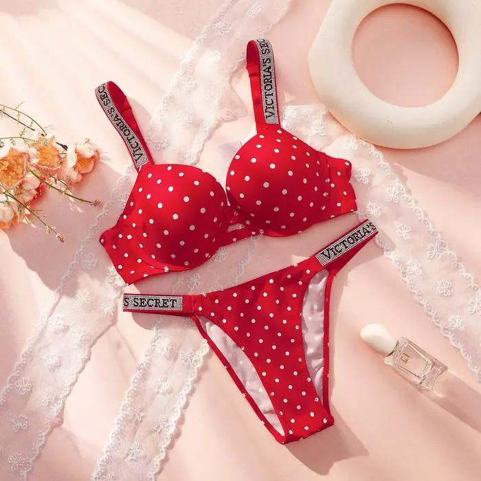 Victoria Secret – ensemble soutien-gorge et culotte push-up en dentelle à pois pour femmes, lingerie sexy, vêtements de nuit, grande taille, confortables et luxueux, nouvelle collection