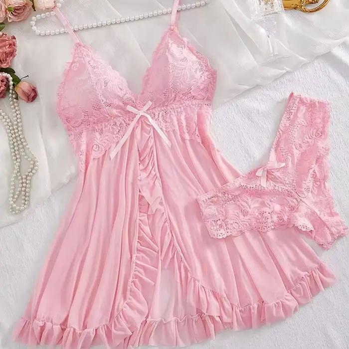 Rose Transparent Sexy Lingerie femmes culottes voir à travers les vêtements de nuit dentelle col en V chemise de nuit et string ensembles sous-vêtements féminins slips