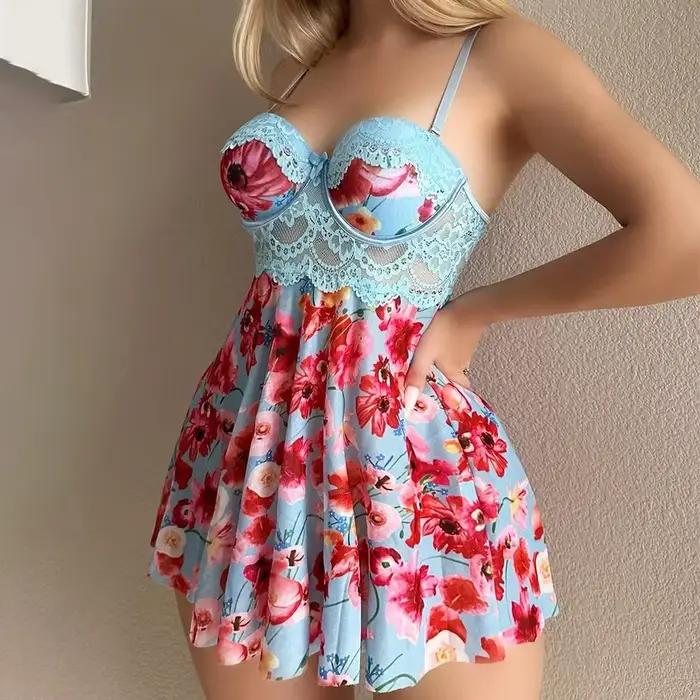 Nouvelle Robe de Nuit Sexy pour Femme, Imprimé Floral, Lingerie Romantique, Vêtements de Nuit Attrayants, Pyjama d'Été, Babydoll Intime