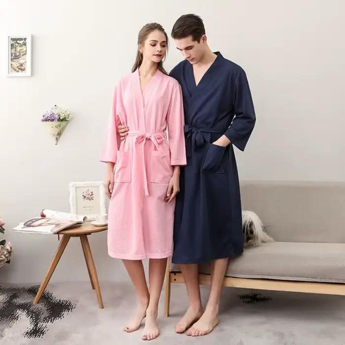 Peignoir de couple personnalisé brodé avec noms et logo, vêtements d'intérieur, peignoir en tissu gaufré pour couples, robe de spa pour hommes et femmes