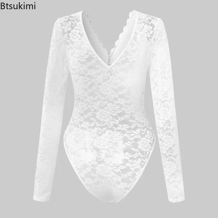 Combinaison sexy en dentelle pour femme 2026, couleur unie, manches longues, corset transparent, haut à volants, col en V, transparent, coupe ajustée, nouvelle collection automne