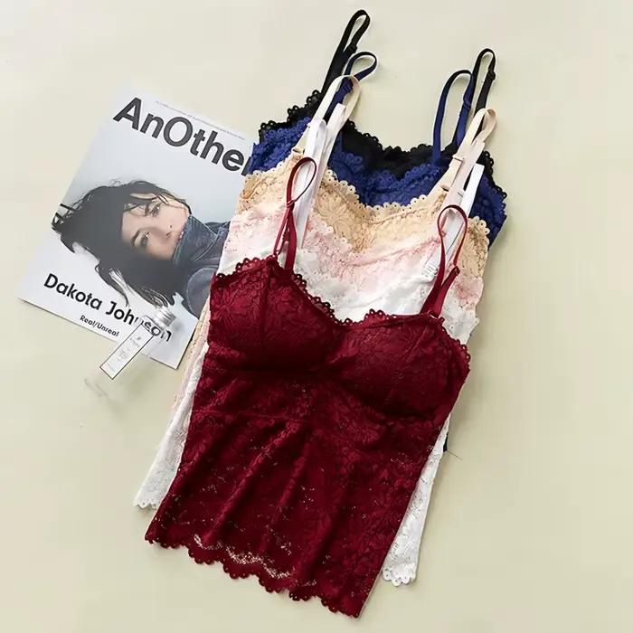 Soutien-gorge en dentelle pour femme, bralette florale sexy, lingerie sans armatures, bretelles réglables, camisole avec coussinets amovibles