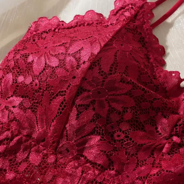 Costume de soutien-gorge en dentelle pour femmes, ensemble solide, beau dos ajouré, sans anneau en acier, sous-vêtements avec dentelle fleur, culotte respirante