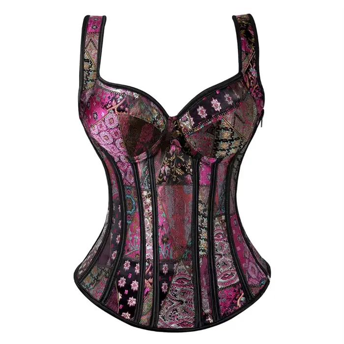 Corset avec Bretelles pour Femme, Noir, Overbust, Floral, Jacquard, Fermeture Éclair, Top, Gothique, Steampunk, Bustier, Grande Taille