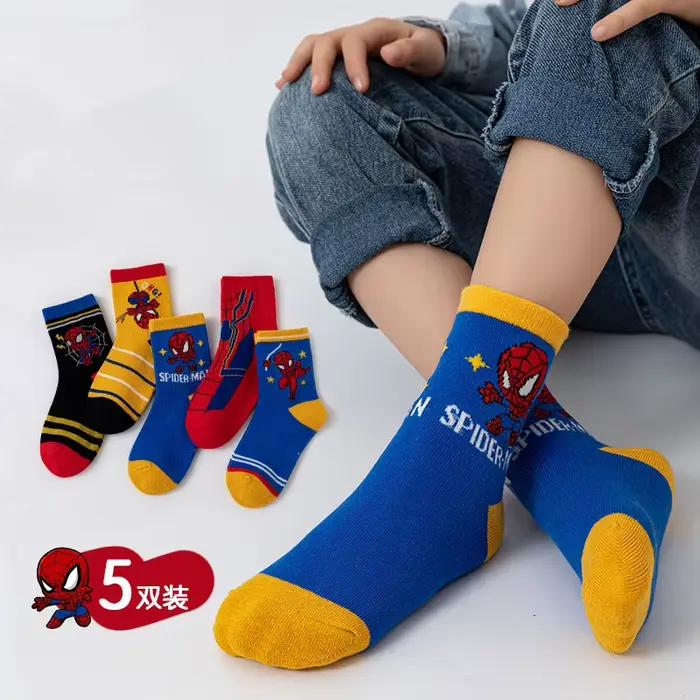 5 paires de chaussettes Spiderman pour enfants, chaussettes douces Kawaii, chaussettes Anime pour enfants, chaussettes pour garçons, chaussettes mi-hautes, chaussettes de dessin animé pour bébés de 1