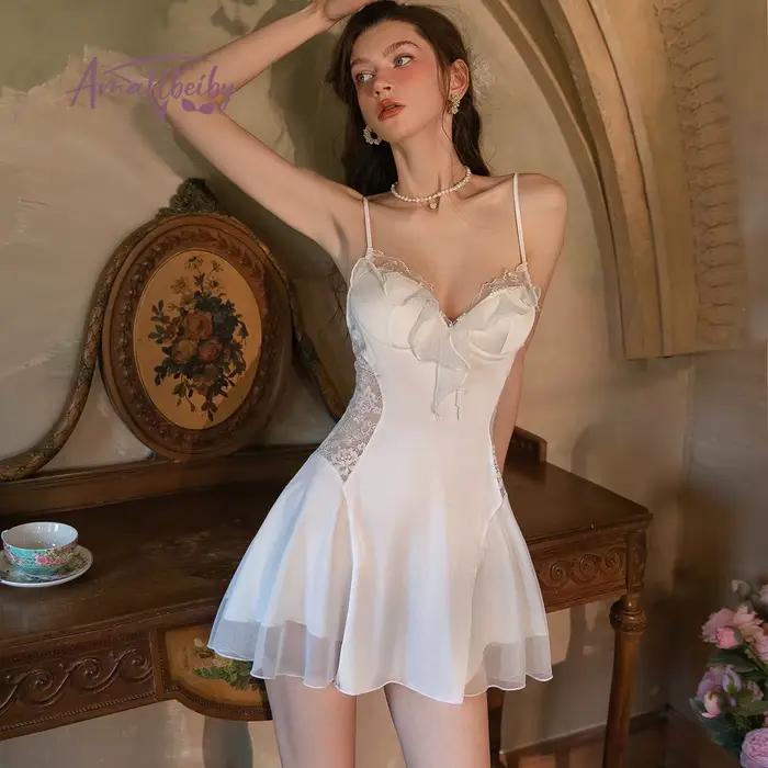 Pyjama d'été en soie glacée pour femmes, Lingerie Sexy, avec coussinet de poitrine, sous-vêtements, petite poitrine, bretelles en dentelle, chemise de nuit fine