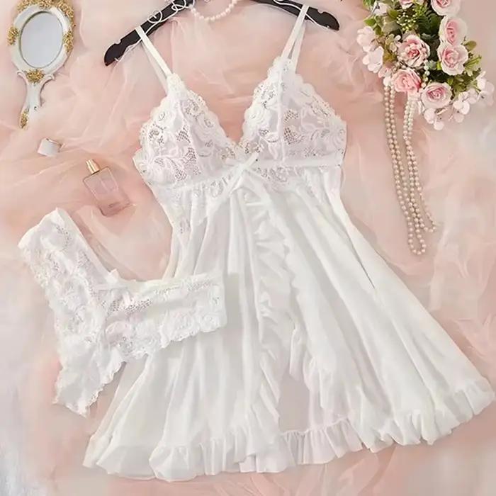 Ensemble de Lingerie en dentelle pour femmes, nuisette transparente, chemise de nuit avec culotte, vêtements de nuit Sexy en dentelle, ensemble pyjama pour femmes