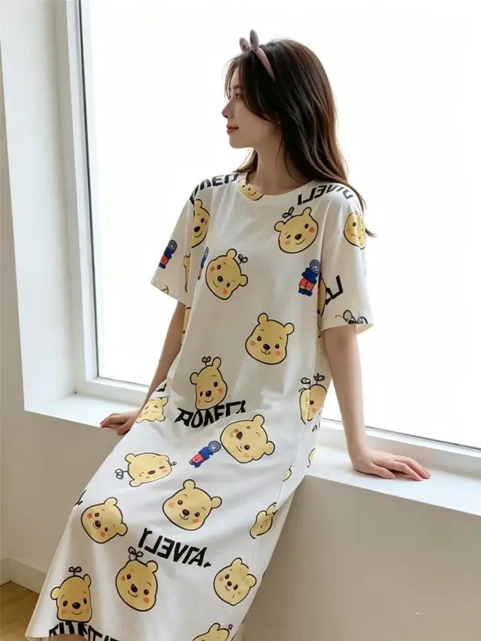 Chemise de nuit pour femmes, version coréenne, vêtements d'intérieur pour filles, style doux, motif dessin animé mignon, pyjama ample et léger, Kawaii, respirant et décontracté