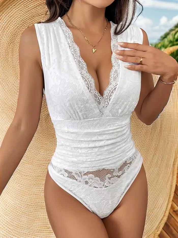 Nouveau Body Femme Blanc en Dentelle 2026, Décolleté Plongeant, Sans Manches, Froncé, Transparent, Décontracté, pour Soirée, Débardeur Femme Y2K, Ropa Para Mujer