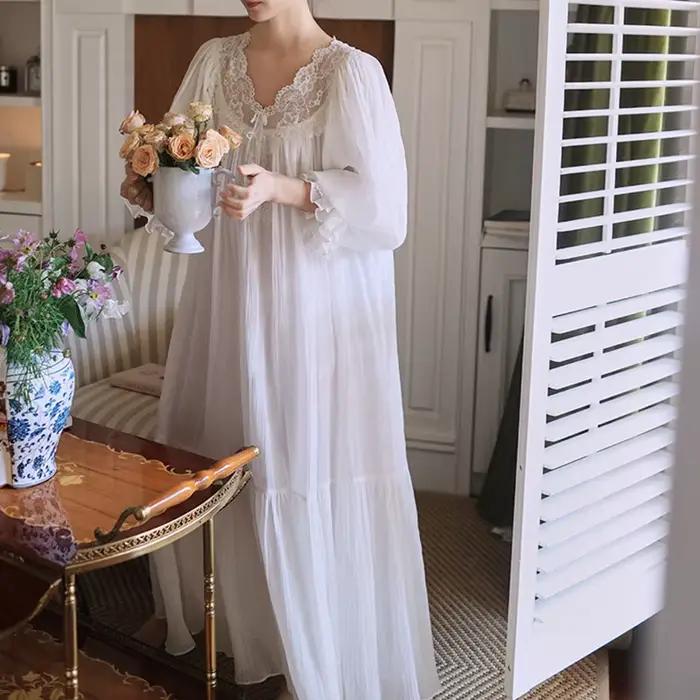 Chemise de nuit en dentelle française sexy à col en V, chemise de nuit blanche, chemise de nuit longue vintage, manches courtes, chemise de nuit en coton, nickel é Scottsdale, été