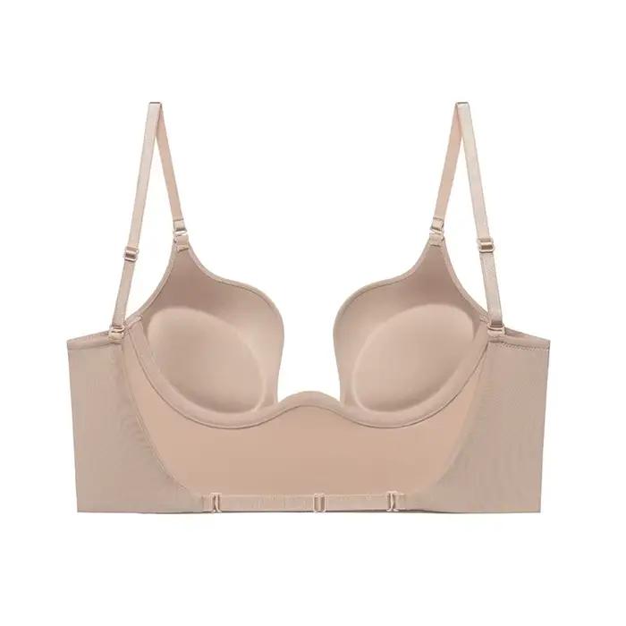 Soutien-Gorge Invisible avec Bretelles Transparentes pour Femme, Sous-Vêtement Sexy à Décolmétrage Plongeant en U Profond, Haut Dos aux, Lingerie de Mariage, Push Up