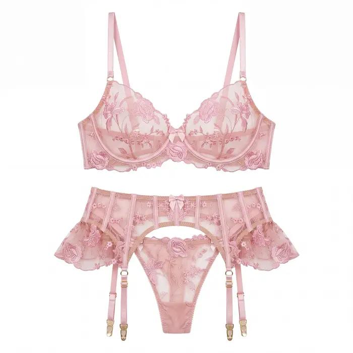 Ensemble de lingerie féminine en maille transparente, babydoll, porte-jarretelles en dentelle, nuisette sexy transparente, tenue de Saint-Valentin, de mariée ou de lune de miel