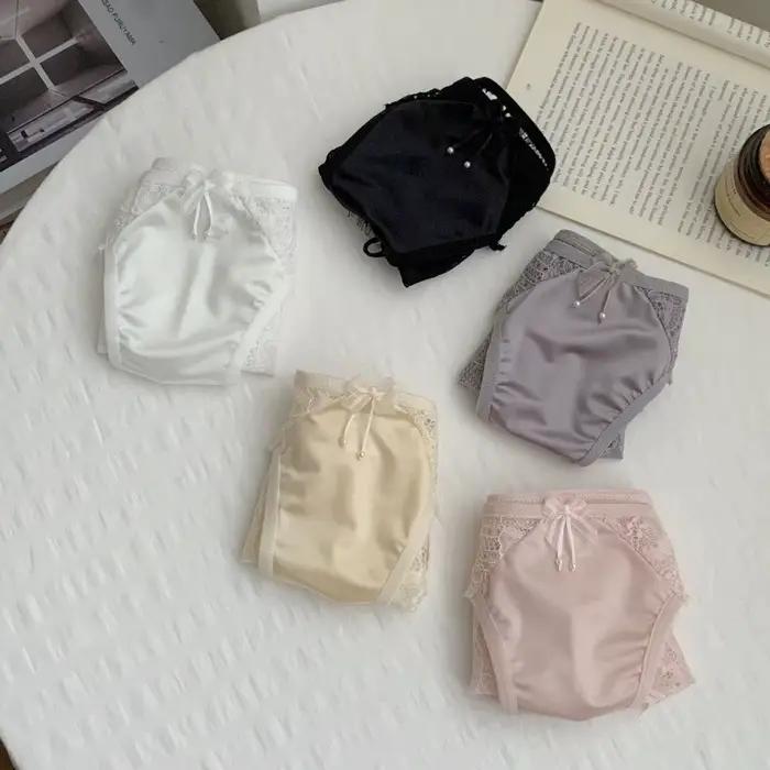 Culottes en dentelle à nœud et fleurs, sans couture, taille basse, avec lacets, en satin de soie transparent et maille de dentelle, cadeaux