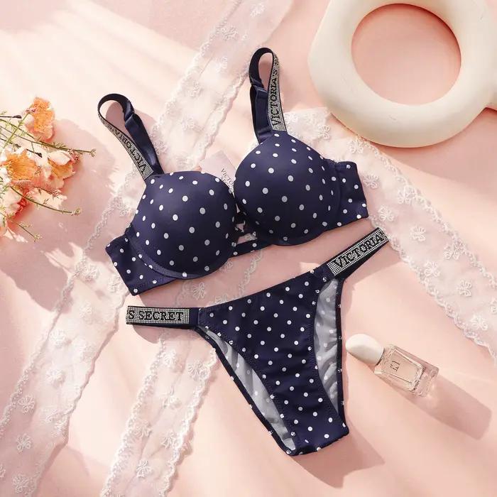Victoria Secret – ensemble soutien-gorge et culotte push-up en dentelle à pois pour femmes, lingerie sexy, vêtements de nuit, grande taille, confortables et luxueux, nouvelle collection